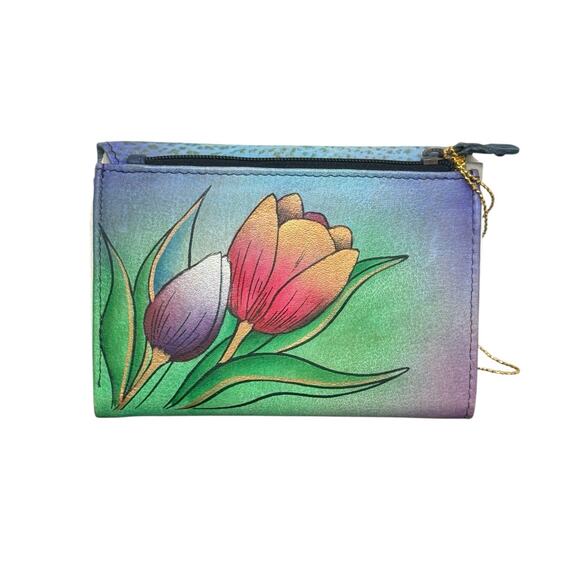 NWT! Anuschka Hand Painted Tulips Leather Small Flap Wallet - Picture 5 of 5